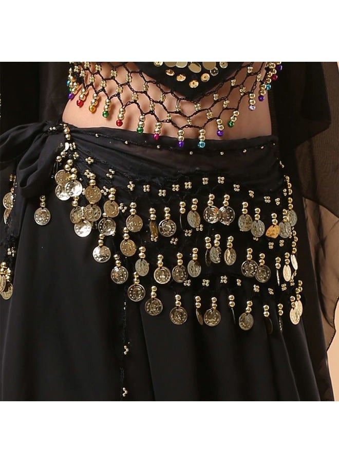 LZYMSZ Belly Dance Hip Scarfs,Girls/Women's Wave Shape Skirts Wrap with 98-Gold Coins,Chiffon Dangling Belly Dance Waist Costume Belt with Bracelets Black - Image 3