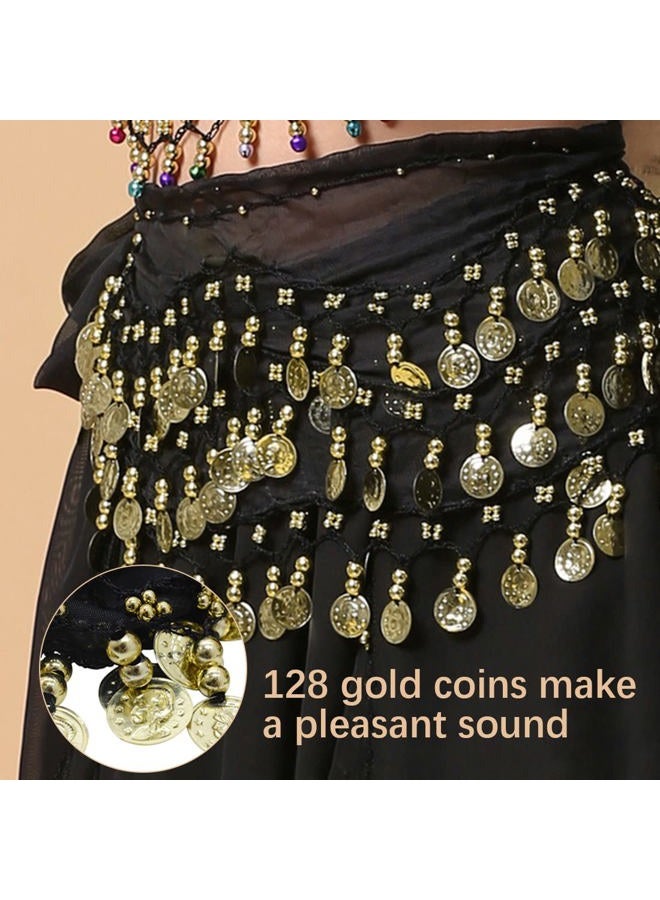 LZYMSZ Belly Dance Hip Scarfs,Girls/Women's Wave Shape Skirts Wrap with 98-Gold Coins,Chiffon Dangling Belly Dance Waist Costume Belt with Bracelets Black - Image 5