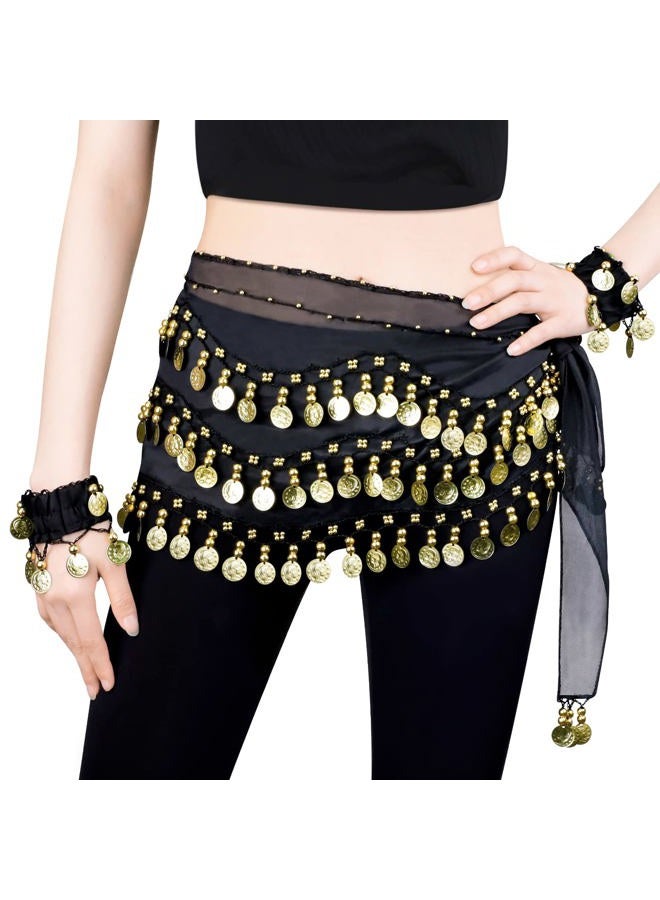 LZYMSZ Belly Dance Hip Scarfs,Girls/Women's Wave Shape Skirts Wrap with 98-Gold Coins,Chiffon Dangling Belly Dance Waist Costume Belt with Bracelets Black - Image 1