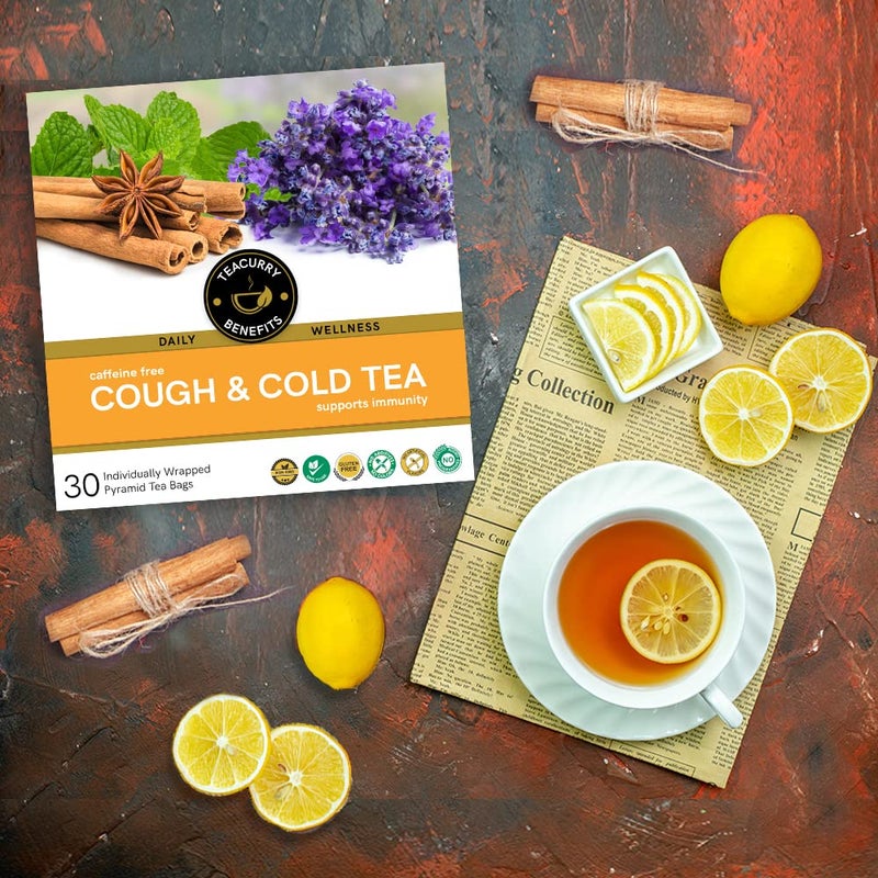 TEACURRY Tea For Cold And Cough-60 Pyramid Tea Bag Helps Runny Nose, Sneezing, Cough, Cold And Sore Throat|Relieves Fever, Dizziness, And Sneezing 100% Natural Herbal Cough Ginger Tea, 100 Grams - Image 3