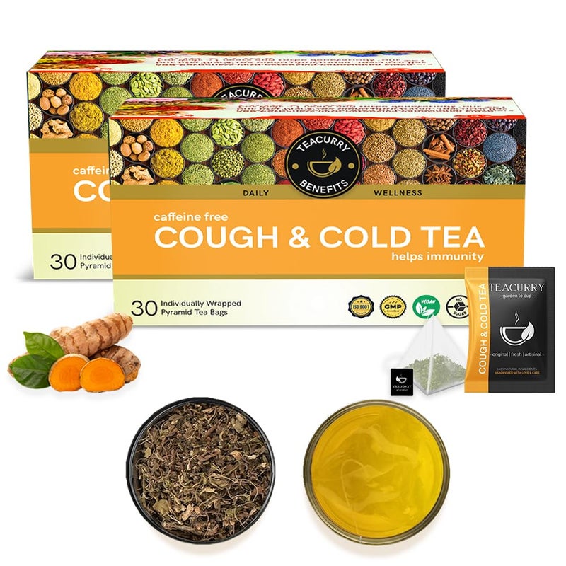 TEACURRY Tea For Cold And Cough-60 Pyramid Tea Bag Helps Runny Nose, Sneezing, Cough, Cold And Sore Throat|Relieves Fever, Dizziness, And Sneezing 100% Natural Herbal Cough Ginger Tea, 100 Grams - Image 1