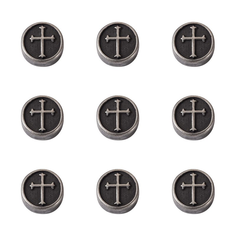 Craftdady 10Pcs Stainless Steel Flat Round with Cross Beads 11x4.5mm Tibetan Silver Crucifix Cross Spacer Charms for Jewelry Crafts Making Hole:2mm - Image 1