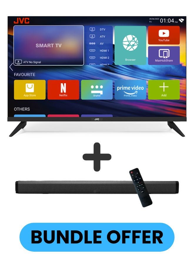 جي في سي 43 Inch Edgeless Full HD Android 14 Smart TV with Bluetooth, 60Hz, HDMI, USB Paired with 2.0 Channel 30W Soundbar, Bluetooth, USB, FM Radio LT-43N5105+SOUNDBAR Black - Image 1