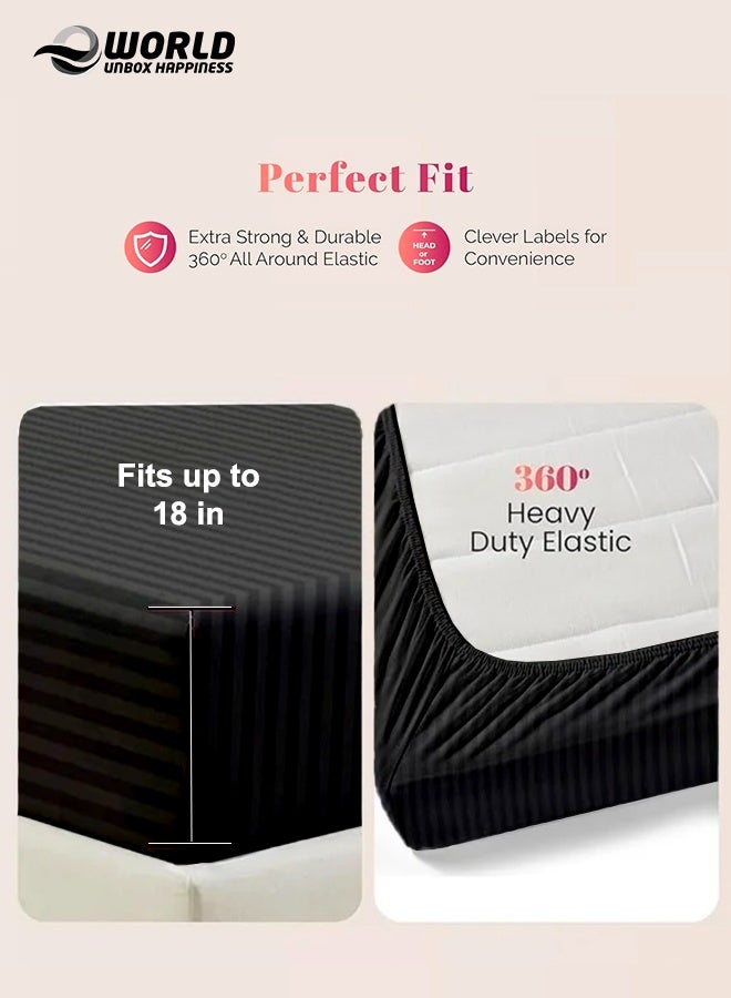 إي وورلد ملاءة سرير مزوّدة بسطح مطاطي من الألياف الدقيقة بخطوط باللون الأسود، بجيب عميق لملاءمة محكمة، قابلة للتنفس وسهلة الغسل في الغسالة لحماية مثالية، متوفرة بمقاسات كينغ وكوين وسنجل، بدون غطاء وسادة - Image 2