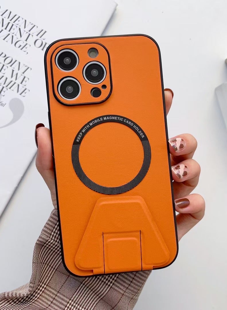 LEEKA iPhone 12 Pro LEEKA Magsafe Wireless Charging Mobile Phone Leather Case For iPhone 14 Plus 13 Mini 12 11 Pro Max XS XR Buckle Ring Stand Back Cover apple iPhone 12 Pro (Orange) - Image 1