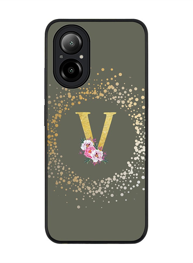Stylizedd Rugged Black Edge Case for Realme C67 4G, Slim fit Case Cover- Custom Monogram Initial Letter Floral Pattern Alphabet - V  (Olive Green) - Image 1