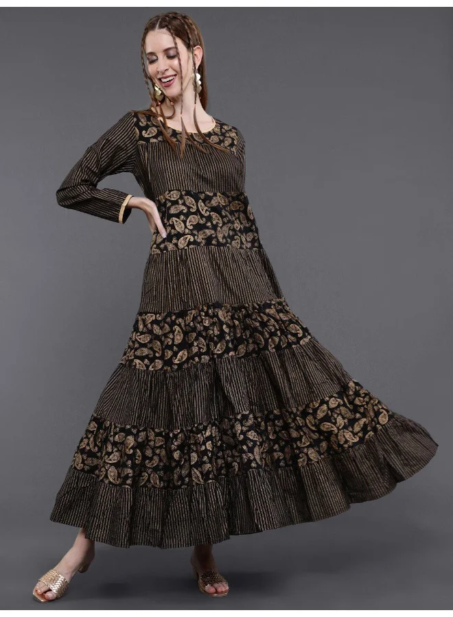AKS Black Gold Printed Tiered Maxi Dress