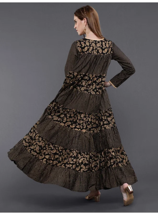 AKS  Black Gold Printed Tiered Maxi Dress for Women | Best Price UAE