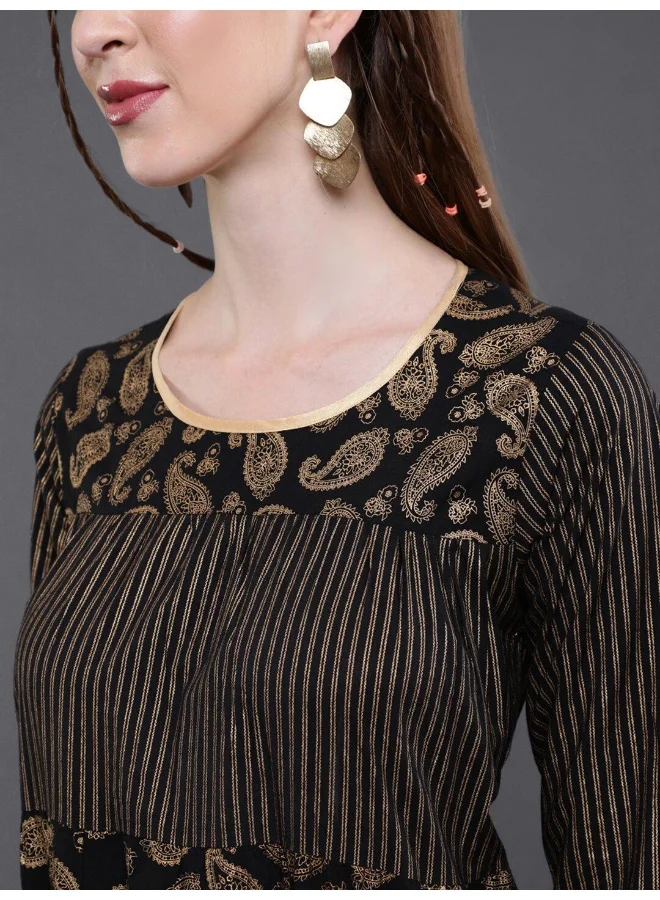 AKS Black Gold Printed Tiered Maxi Dress