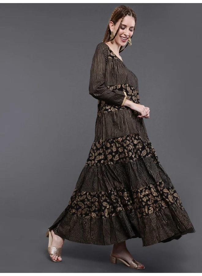 AKS  Black Gold Printed Tiered Maxi Dress for Women | Best Price UAE