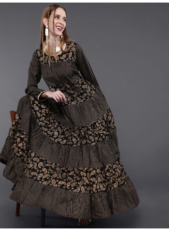 AKS  Black Gold Printed Tiered Maxi Dress for Women | Best Price UAE