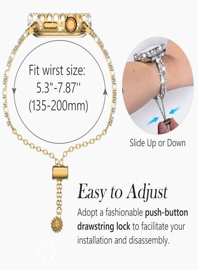 WINGLE وِنجل لساعات آبل الذهبية للنساء 45 مم سلسلة 9 8 7، سوار معدني مزين بالألماس والخرز مع غلاف لامع مقاوم للماء 2 في 1 وحماية شاشة بحافة دانتيل، ذهبي - Image 5