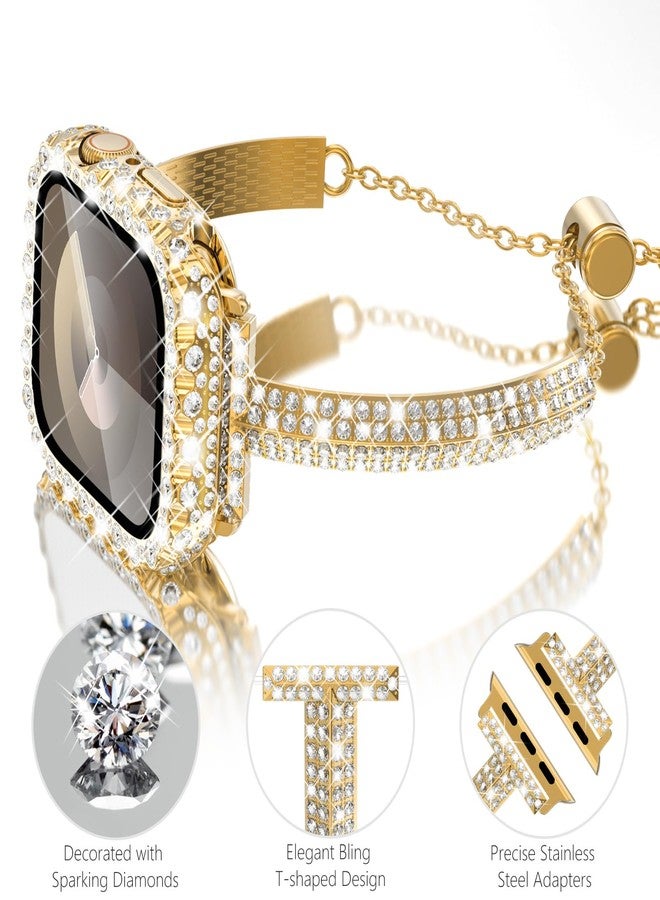 WINGLE وِنجل لساعات آبل الذهبية للنساء 45 مم سلسلة 9 8 7، سوار معدني مزين بالألماس والخرز مع غلاف لامع مقاوم للماء 2 في 1 وحماية شاشة بحافة دانتيل، ذهبي - Image 2