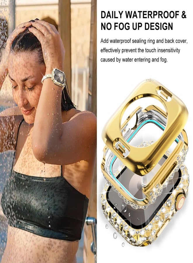 WINGLE وِنجل لساعات آبل الذهبية للنساء 45 مم سلسلة 9 8 7، سوار معدني مزين بالألماس والخرز مع غلاف لامع مقاوم للماء 2 في 1 وحماية شاشة بحافة دانتيل، ذهبي - Image 3