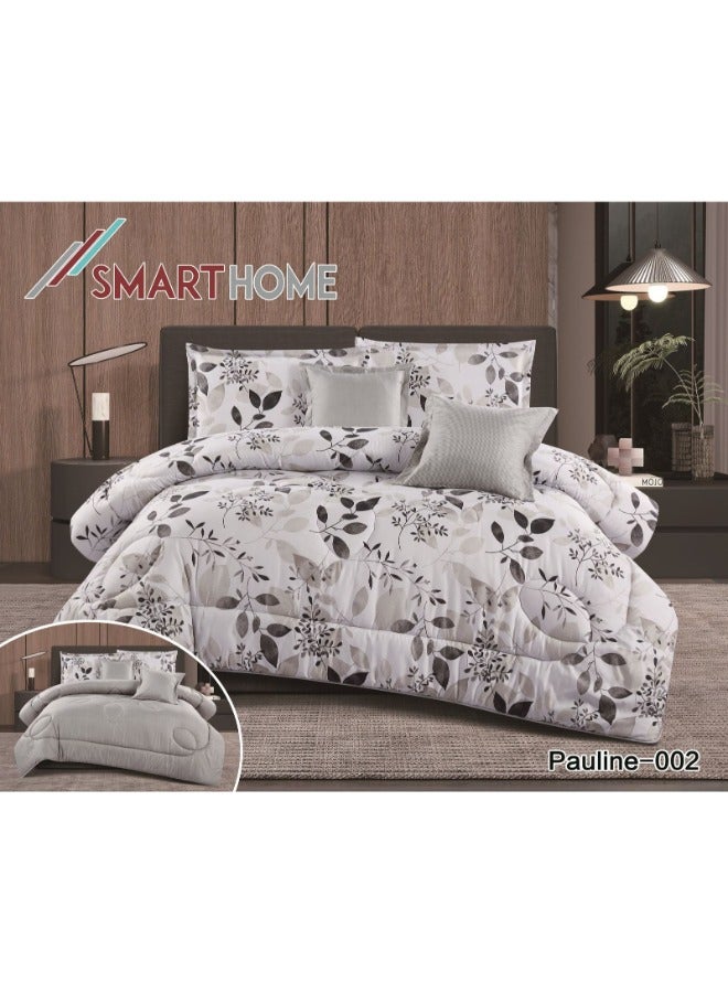 SMART HOME 6-Piece Double Bedspread – Summer Quilt – White with Grey Leaf Print – Microfiber