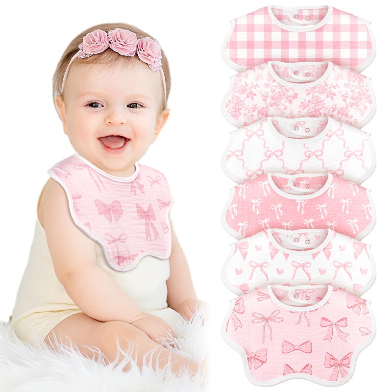 Yearntown 6 Pack Baby Muslin Bibs for Girls Boys Adjustable 100 Cotton Soft for Drooling and Teething Organic LapShoulderPink Bow - Image 2