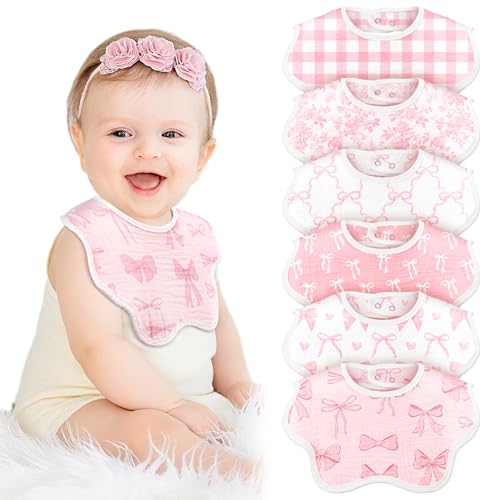 Yearntown 6 Pack Baby Muslin Bibs for Girls Boys Adjustable 100 Cotton Soft for Drooling and Teething Organic LapShoulderPink Bow - Image 1