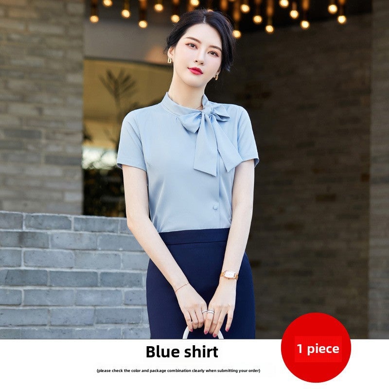 Womens Bow Tie White Shirt Summer Short Sleeve Workwear black skirt - Image 2