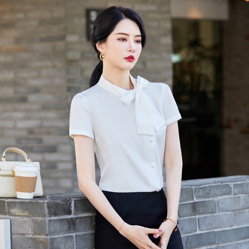 Womens Bow Tie White Shirt Summer Short Sleeve Workwear black skirt - Image 5