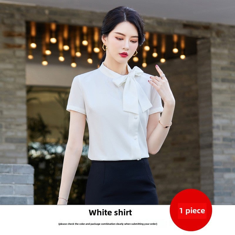 Womens Bow Tie White Shirt Summer Short Sleeve Workwear black skirt - Image 3