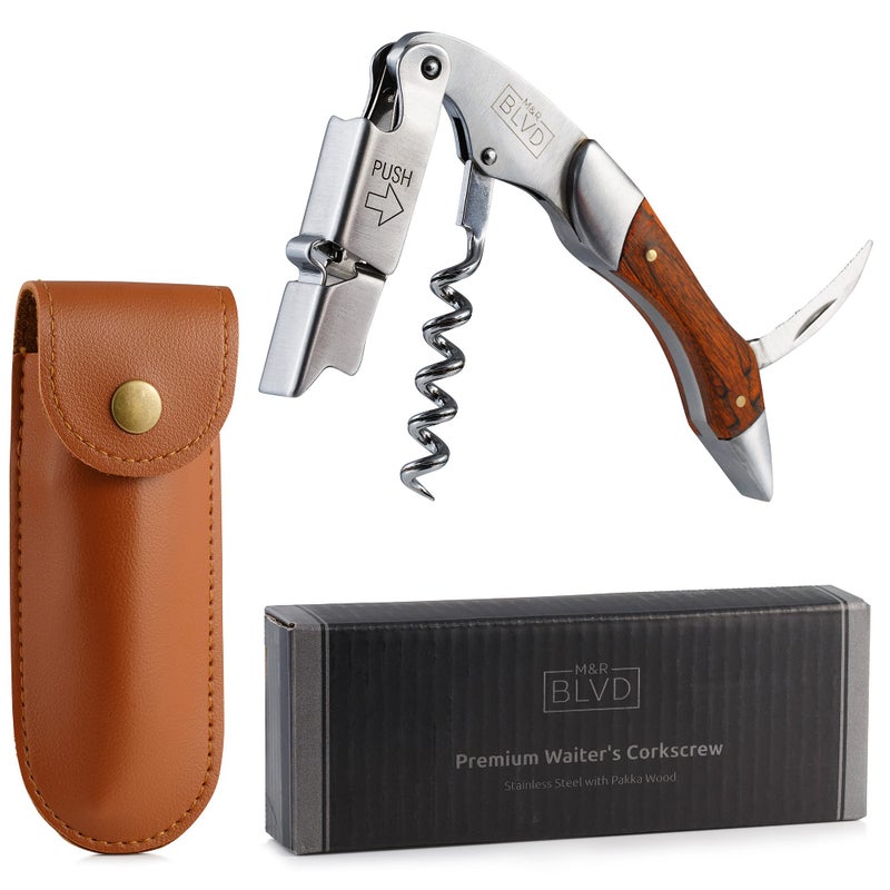 M&R Blvd. Waiter's Corkscrew with Vegan Leather Sheath by M&R Blvd. - Professional Grade, Deluxe Wine Key - Spring Lever Easy Opening - Foil Cutter, Beer Bottle Opener - Wine Gift Set - Rosewood - Image 1