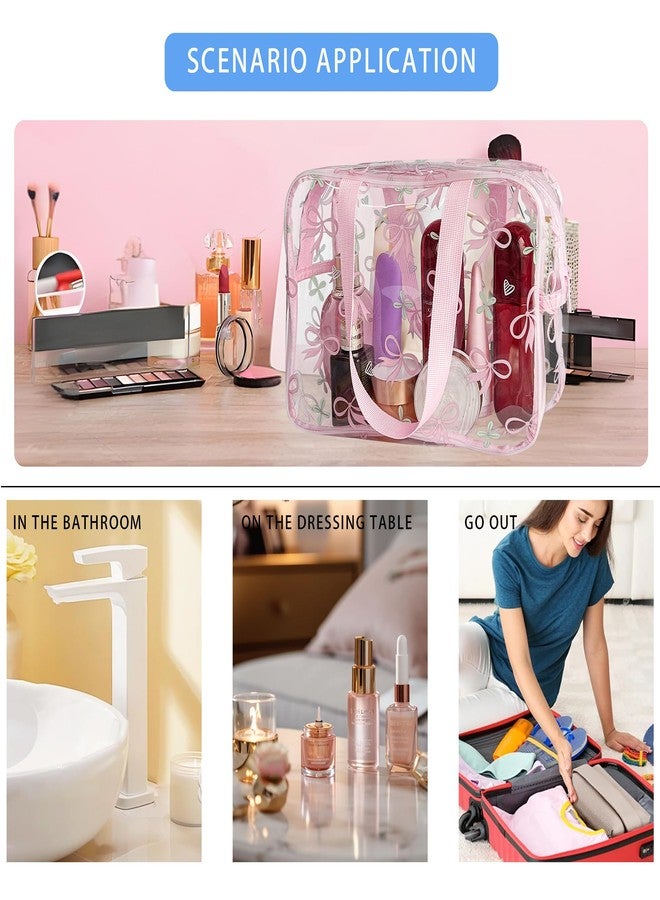 TotePrint Flower Makeup Bag - Clear Printable Vinyl Cosmetic Pouch, Waterproof Small Clear Gift Bags for Travel & Organizer, Pink Bow, 30*11*21CM - Image 4