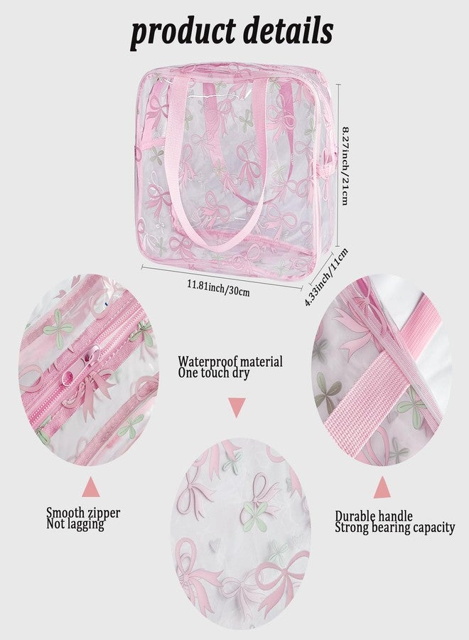 TotePrint Flower Makeup Bag - Clear Printable Vinyl Cosmetic Pouch, Waterproof Small Clear Gift Bags for Travel & Organizer, Pink Bow, 30*11*21CM - Image 2