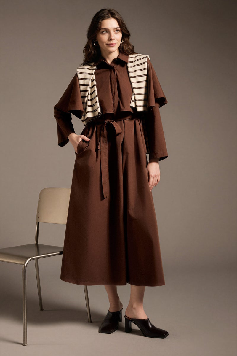 DeFacto Brown Woman Regular Fit Shirt Collar Poplin Dress Casual - Image 1