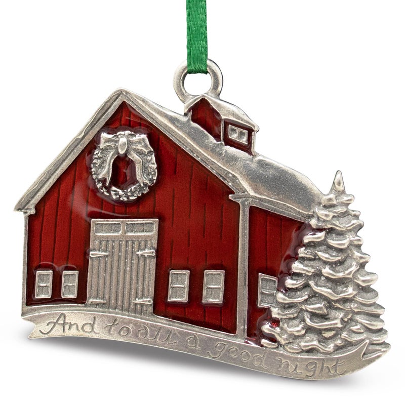 Danforth A Good Night Christmas Ornament (Red Barn) - 2014 Annual Ornament - Handcrafted Pewter Christmas Tree Ornament - Satin Ribbon  1 7/8  Tall by 2 "" Wide  Made in USA - Image 1