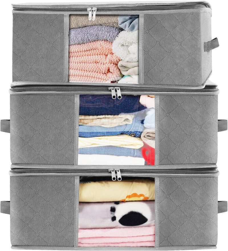 صناديق تخزين ملابس صندوق قماشي قابل للطي اكياس تحت السرير بسوستة منظمات خزانة سميكة غير منسوجة مقاومة للماء تستخدم للملابس واللحاف 48 × 35 20 سم 3 قطع - Image 1