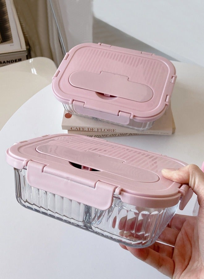 HOMESTAR حاويات تخزين زجاجية مقاومة للتسرب مع سد محكم الإغلاق مكونة من 3 أقسام وصندوق غداء زجاجي سعة 1 لتر لتحضير الوجبات للنساء والفتيات باللون الوردي - Image 2
