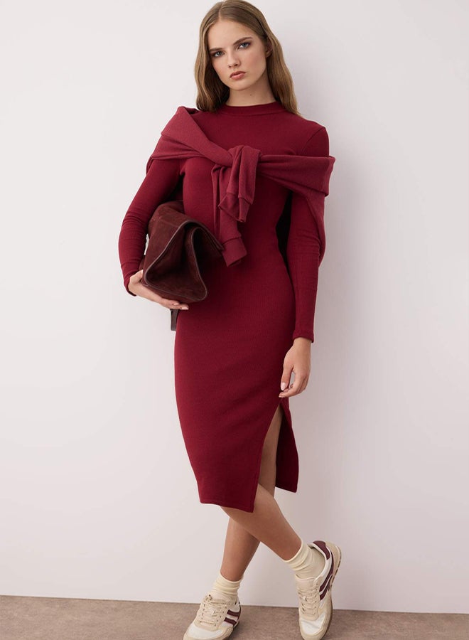 trendyol Burgundy Body-Styling Slit Crew Neck Midi Ribbed Flexible Knitted Pencil Dress - Image 5