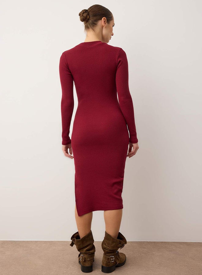 trendyol Burgundy Body-Styling Slit Crew Neck Midi Ribbed Flexible Knitted Pencil Dress - Image 4