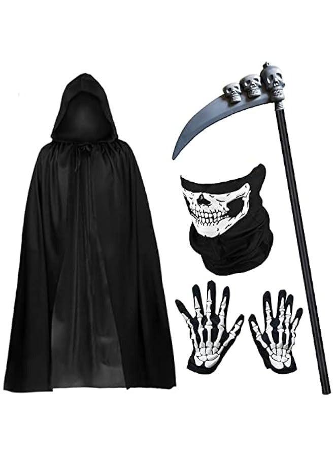 4PCs هالوين Grim- زي مجموعة، أطفال الكبار زي هالوين مخيف، الأسود المخملي مغطاة كيب الجمجمة الوجه قناع الهيكل العظمي قفازات اليد الدعم للرجال والنساء