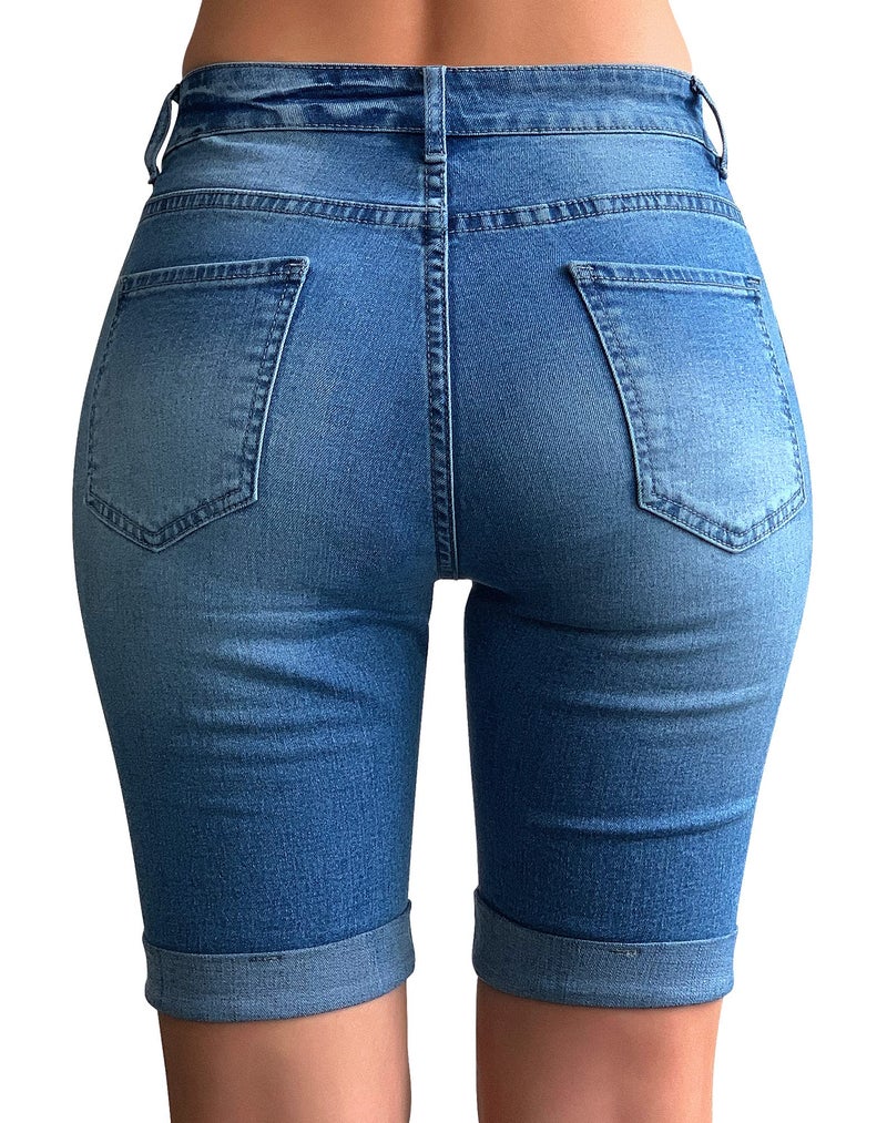 roswear Womens Mid Rise Roll Cuff Bermuda Stretch Denim Jean Shorts Light Blue X-Large - Image 2