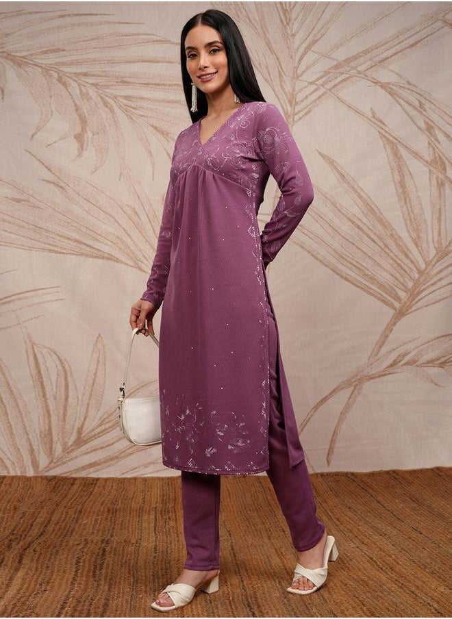 Vishudh Women Purple Embroidered Kurta Set by Styli  - Image 4