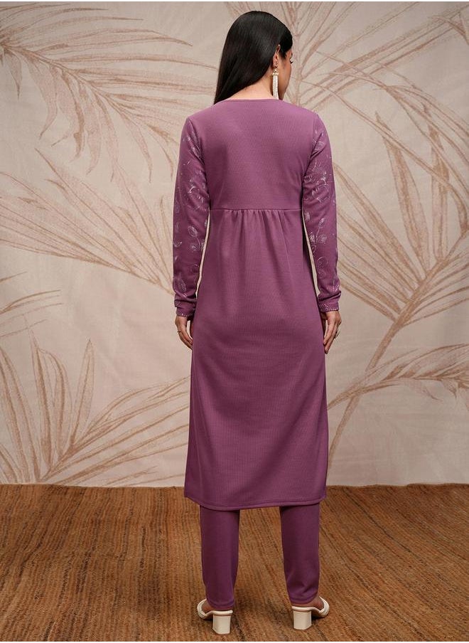 Vishudh Women Purple Embroidered Kurta Set by Styli  - Image 3