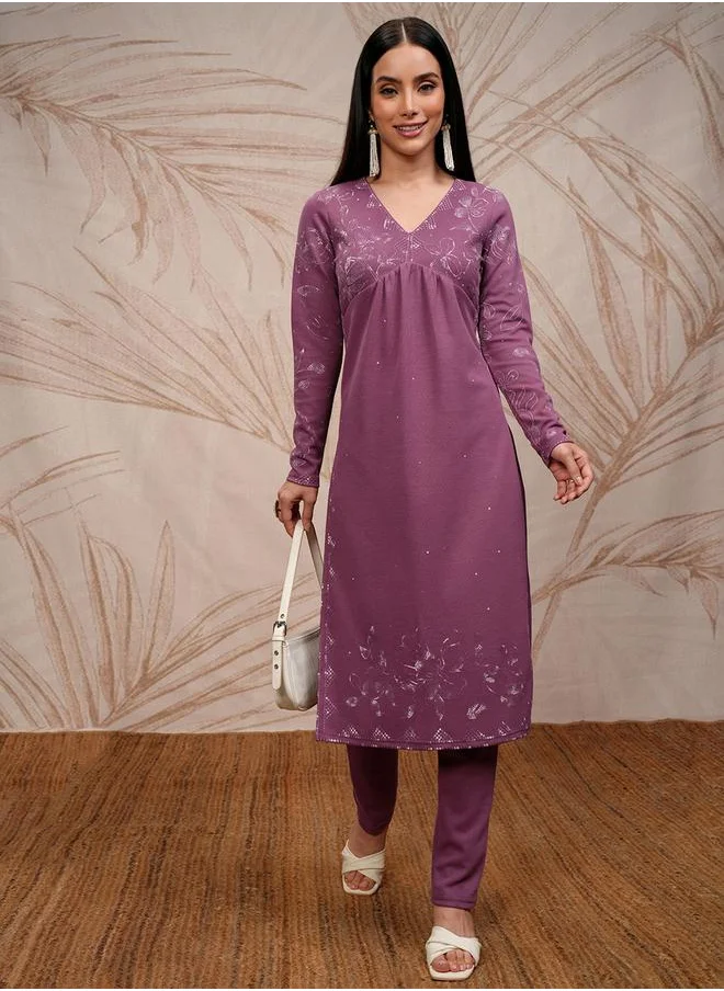 Vishudh Women Purple Embroidered Kurta Set by Styli