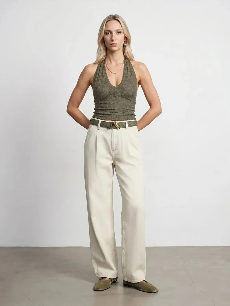 ديلفين Dilvin Mid-Waist Wide-Leg Pleated Trousers