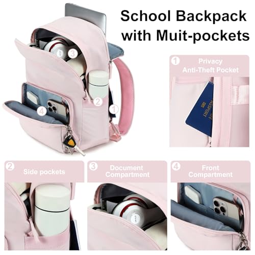 BTOOP Backpack for School Girls Teens Lightweight College Bookbag Casual Work Travel Laptop Backpack for Women Water Resistant Pink Backpacks(Pink) - Image 5