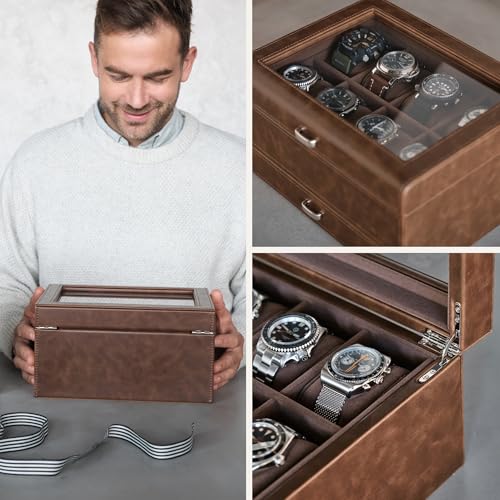 TAWBURY 8 Slot Watch Box with Storage Drawer – Premium Watch Storage Case for Men | 2.2-inch Wide Pillows Hold Small & Ovesized Watches (Brown) - Image 4