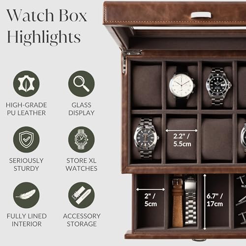 TAWBURY 8 Slot Watch Box with Storage Drawer – Premium Watch Storage Case for Men | 2.2-inch Wide Pillows Hold Small & Ovesized Watches (Brown) - Image 5