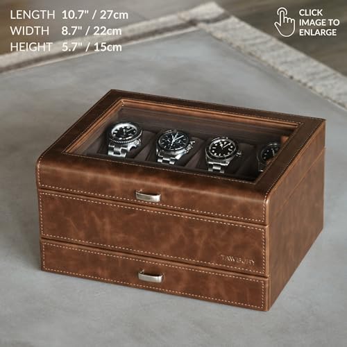 TAWBURY 8 Slot Watch Box with Storage Drawer – Premium Watch Storage Case for Men | 2.2-inch Wide Pillows Hold Small & Ovesized Watches (Brown) - Image 3