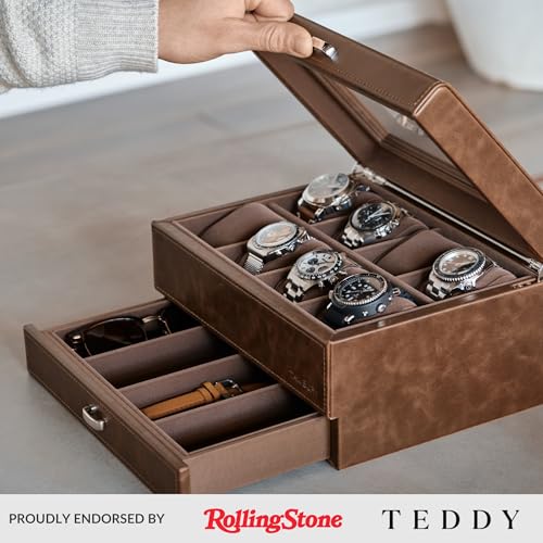 TAWBURY 8 Slot Watch Box with Storage Drawer – Premium Watch Storage Case for Men | 2.2-inch Wide Pillows Hold Small & Ovesized Watches (Brown) - Image 2
