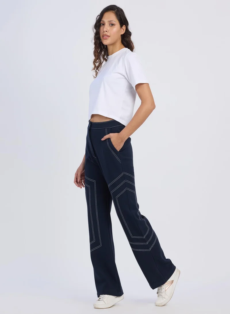 Pinacolada  Women's Prussian Blue Hexagonal Straight-Fit Trousers For Casual Wear | Mid-Rise | Straight Fit | Button Closure | Trousers Designed With Comfortable Fit For Woman & Girls for Women | Best Price UAE