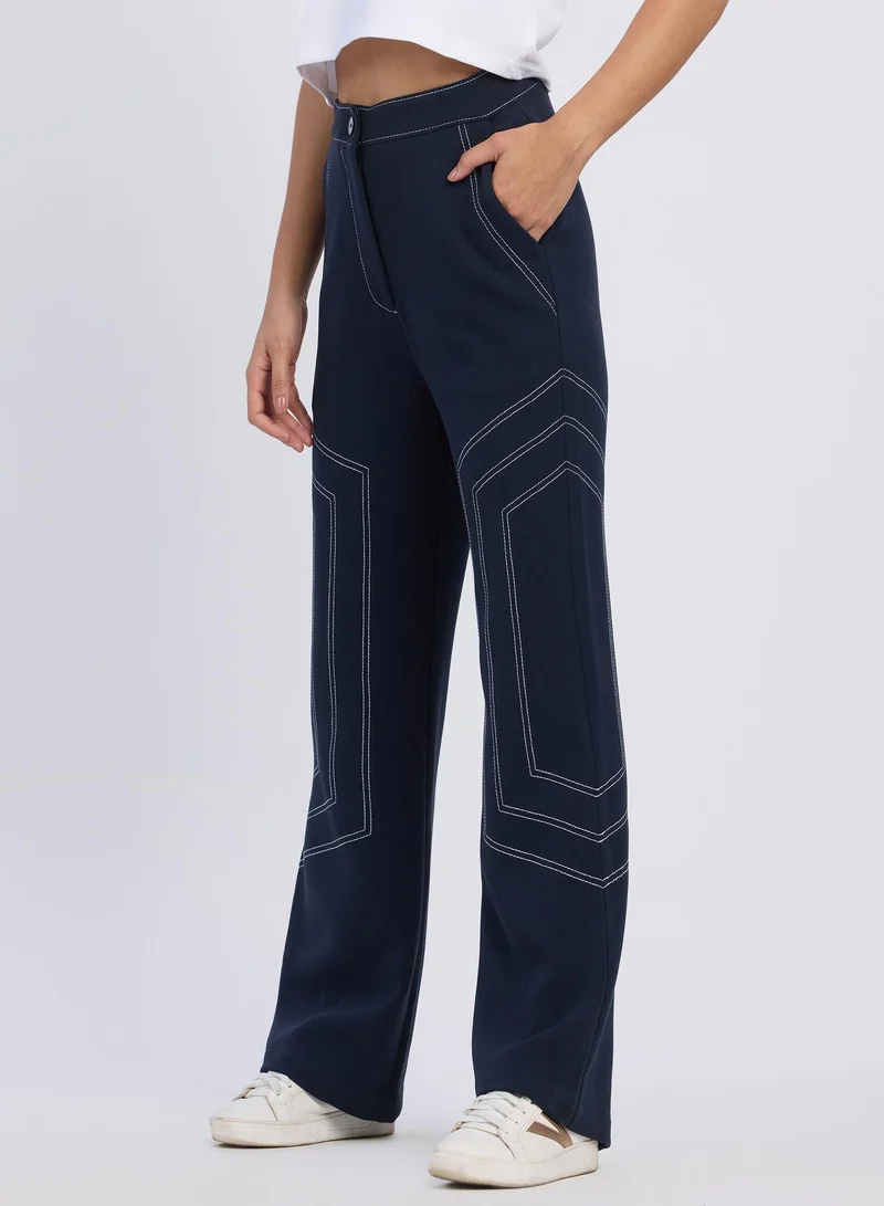 Women's Prussian Blue Hexagonal Straight-Fit Trousers For Casual Wear | Mid-Rise | Straight Fit | Button Closure | Trousers Designed With Comfortable Fit For Woman & Girls