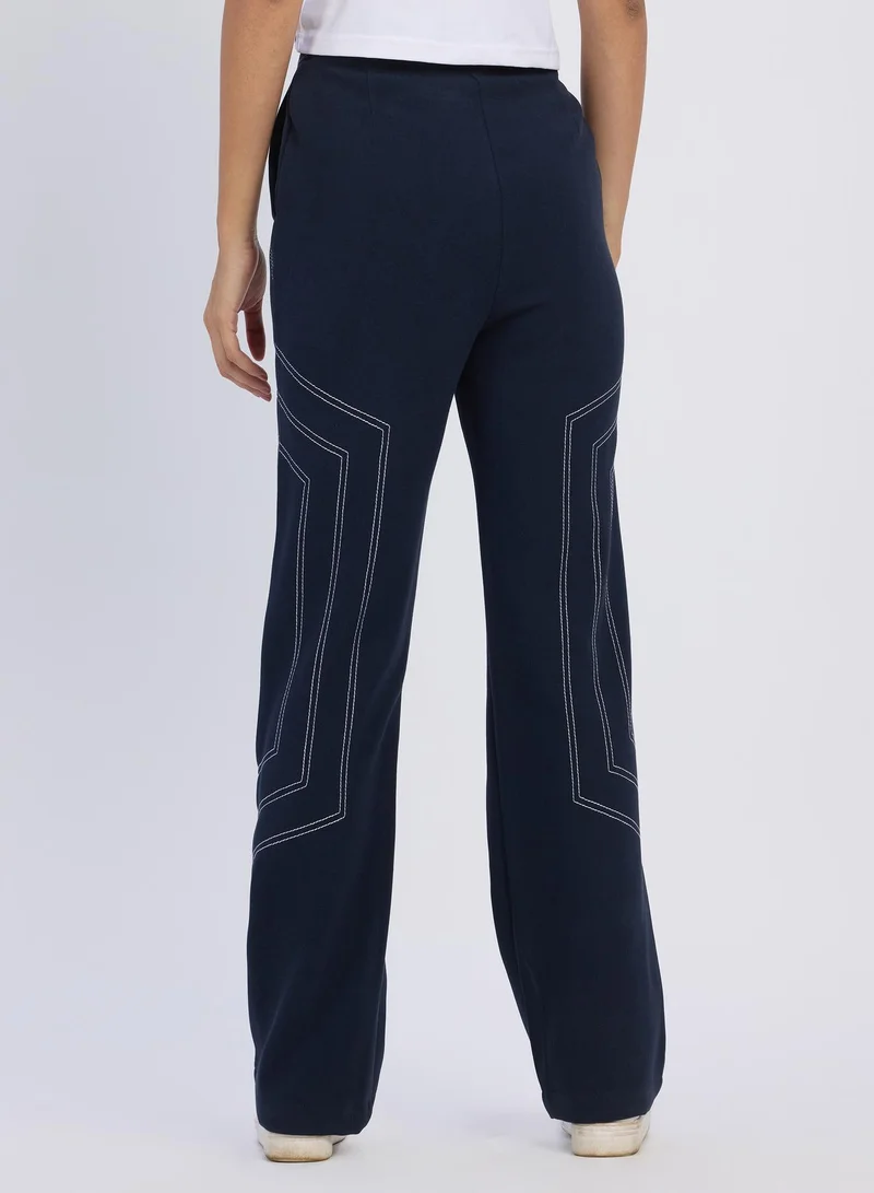 Pinacolada  Women's Prussian Blue Hexagonal Straight-Fit Trousers For Casual Wear | Mid-Rise | Straight Fit | Button Closure | Trousers Designed With Comfortable Fit For Woman & Girls for Women | Best Price UAE
