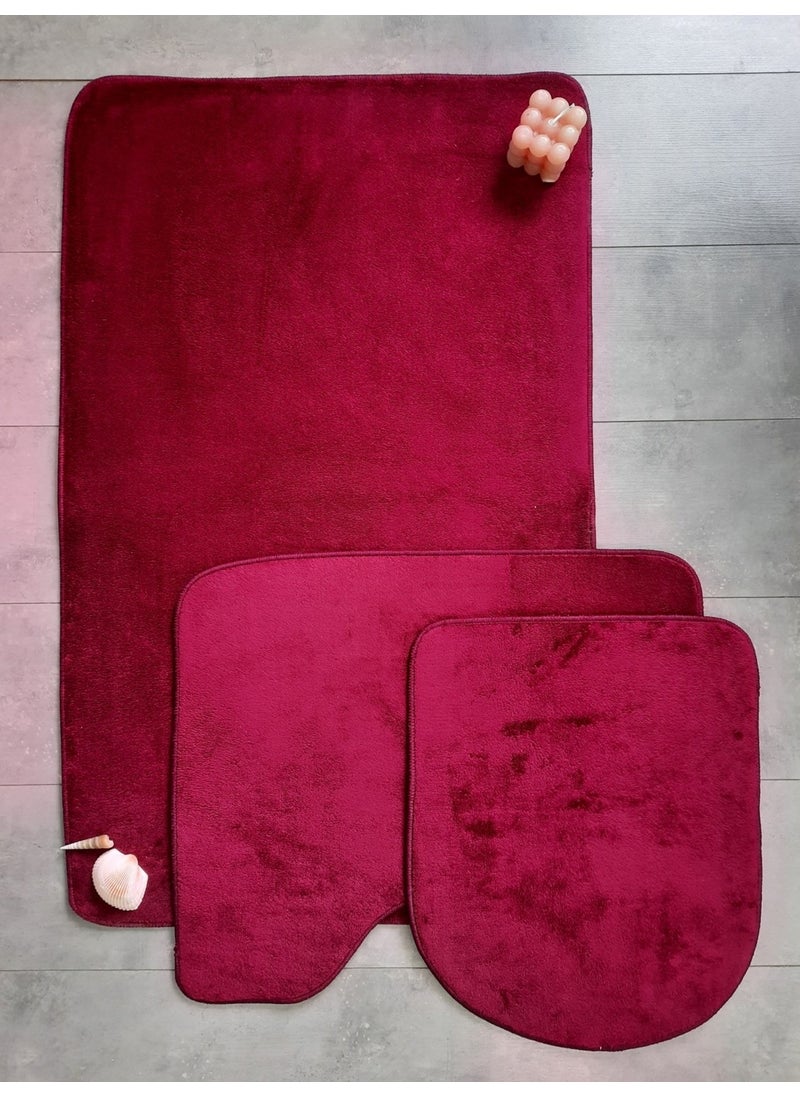 Bonny Home Ultrasoft Plain Plum 3-Piece Bathroom Rug Mat Set Non-Slip Leather Based Washable Toilet Seat Set  - Image 1