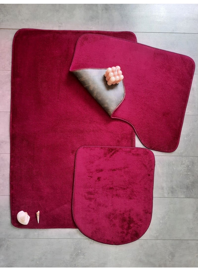 Bonny Home Ultrasoft Plain Plum 3-Piece Bathroom Rug Mat Set Non-Slip Leather Based Washable Toilet Seat Set  - Image 3