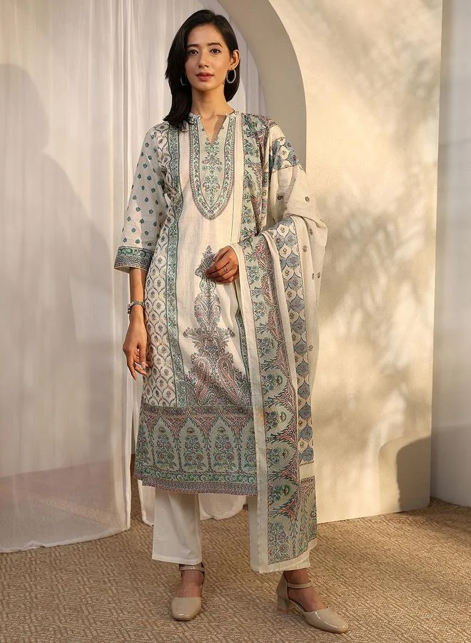 Libas Off White Printed Cotton Straight Kurta, Trousers And Dupatta Set